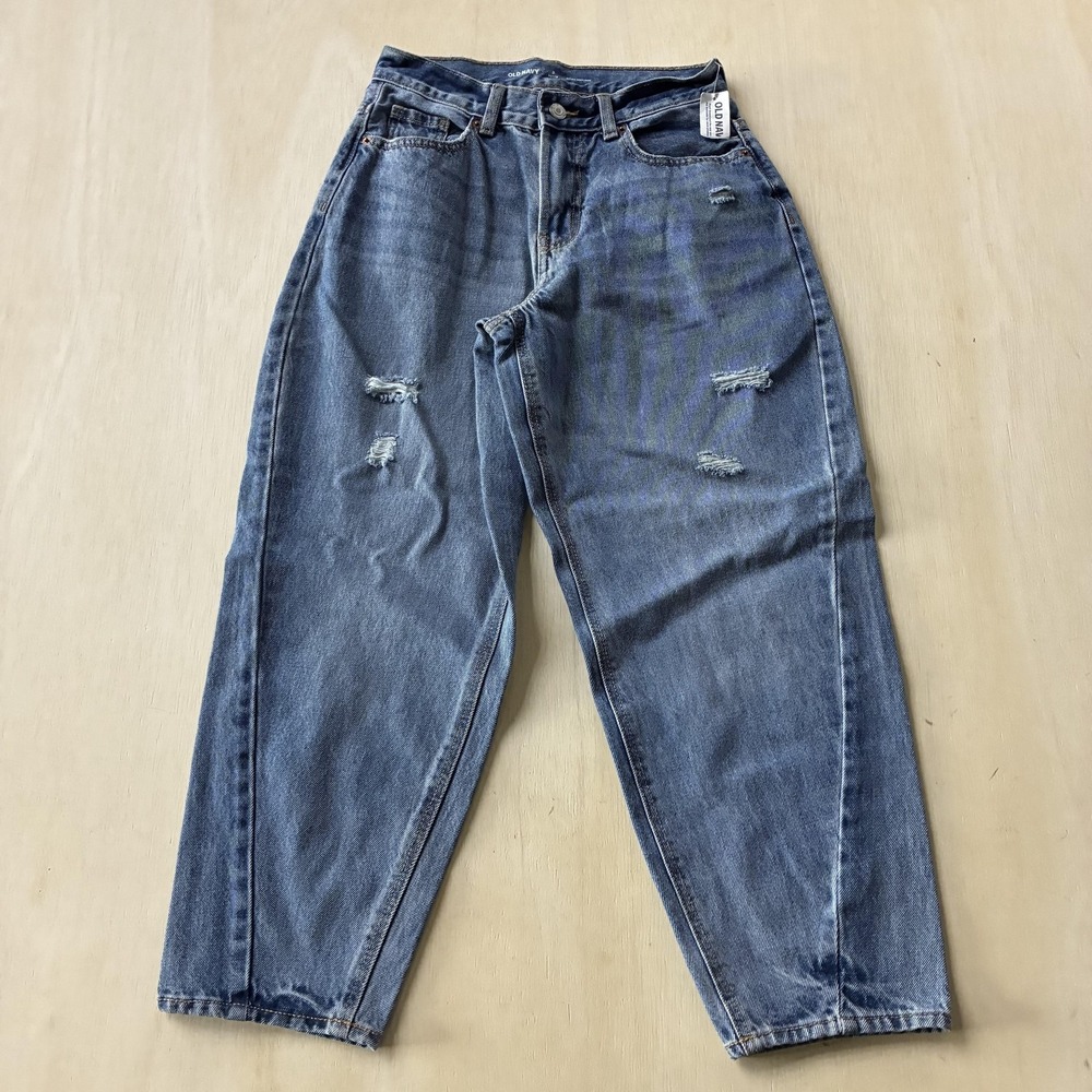 Old Navy Extra High Rise Mom Jeans Womens 2 Petite Med Wash Blue Distressed